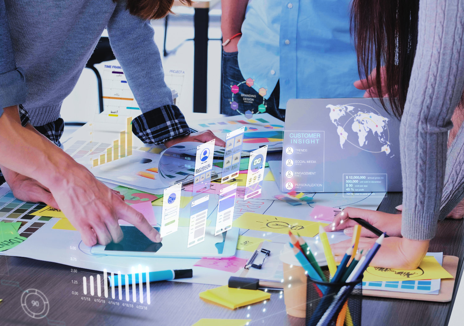 Close up ux developer and ui designer use augmented reality app brainstorming about mobile interface wireframe design on desk at modern office.Creative digital development agency